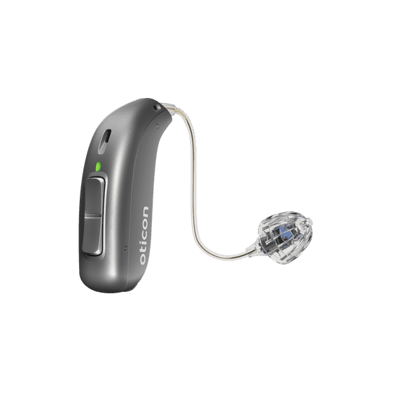 Oticon More, modello miniRITE R, apparecchio acustico per l'orecchio destro e sinistro, grigio scuro, LED verde, altoparlante 60, Open Bass cuopola Apparecchi acustici con servizio illimitato Auzen