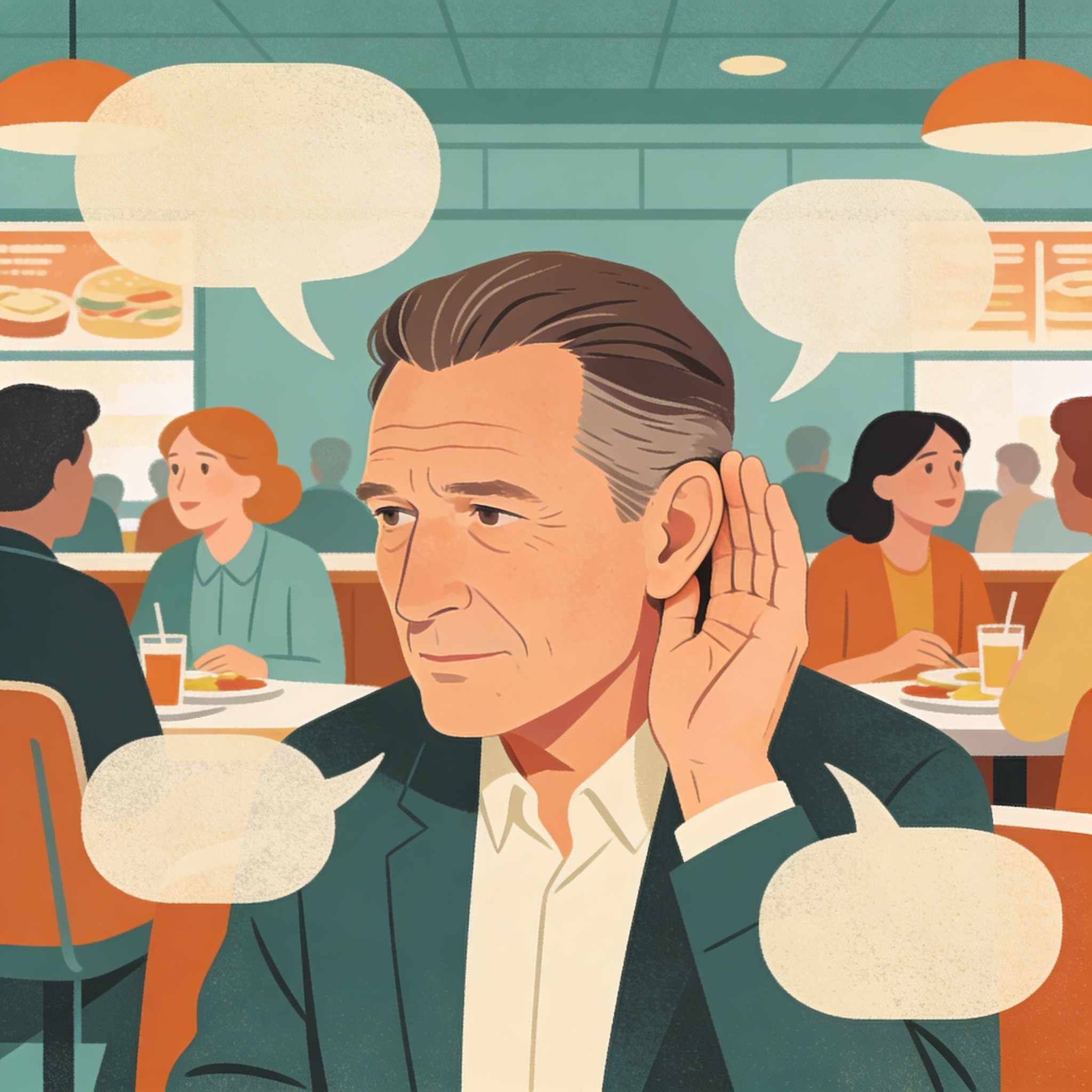Uomo anziano che ascolta conversazioni in un ristorante con amici, illustrando l'importanza di Apparecchi OTC o su prescrizione.