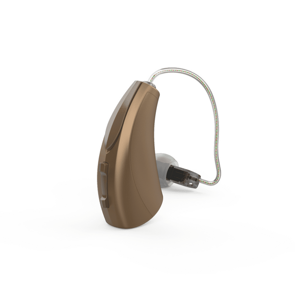Un singolo apparecchio acustico Starkey Evolv AI RIC R di colore bronzo con uno zoom sul prodotto