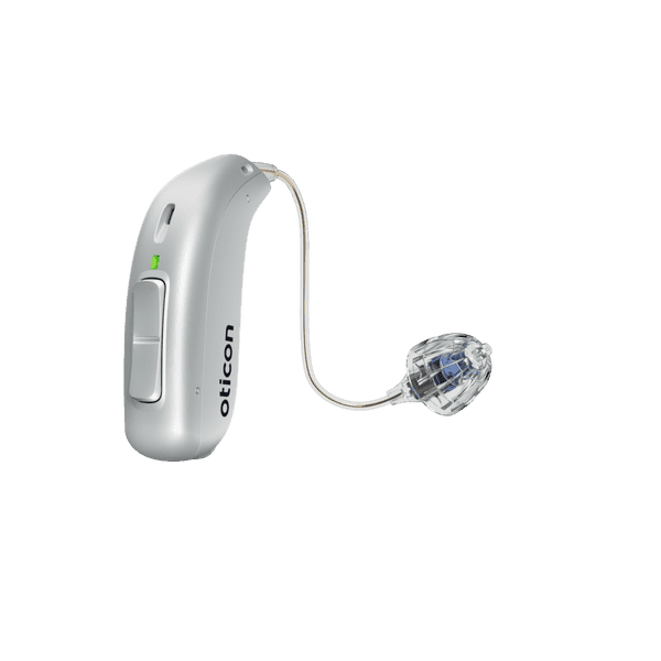 Oticon More, modello miniRITE R, apparecchio acustico per l'orecchio destro e sinistro, colore argento, LED verde, altoparlante 60, Open Bass cuopola Apparecchi acustici con servizio illimitato Auzen