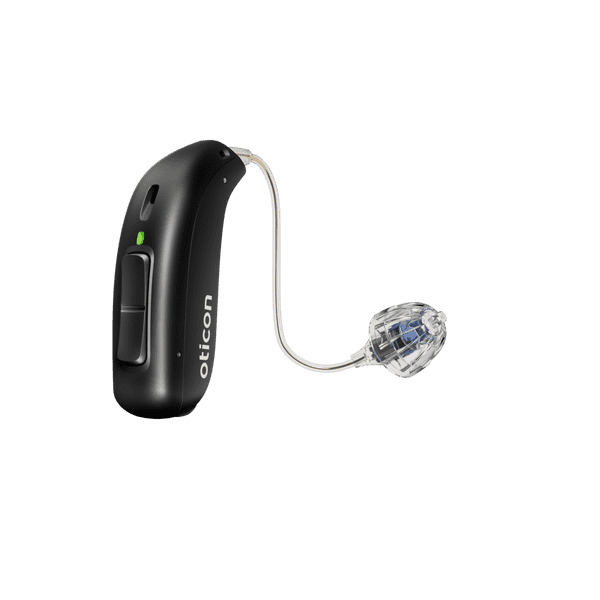 Oticon More, modello miniRITE R, apparecchio acustico per l'orecchio destro e sinistro, nero, LED verde, altoparlante 60, Open Bass cuopola Apparecchi acustici con servizio illimitato Auzen